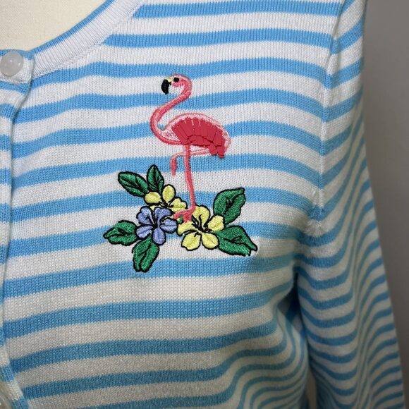 Talbots 3/4 sleeve cotton flamingo blue white stripe cardigan sweater women S - Picture 3 of 8